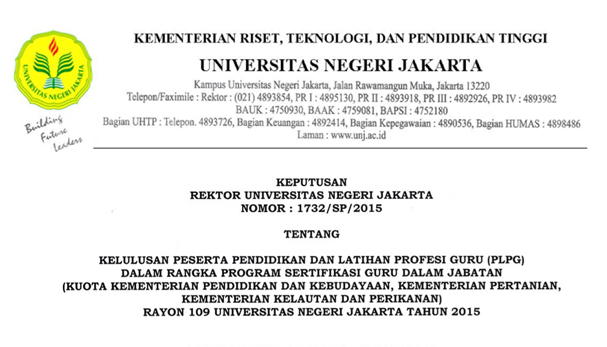 Pengumuman Kelulusan PLPG Rayon 109 UNJ Tahun 2015